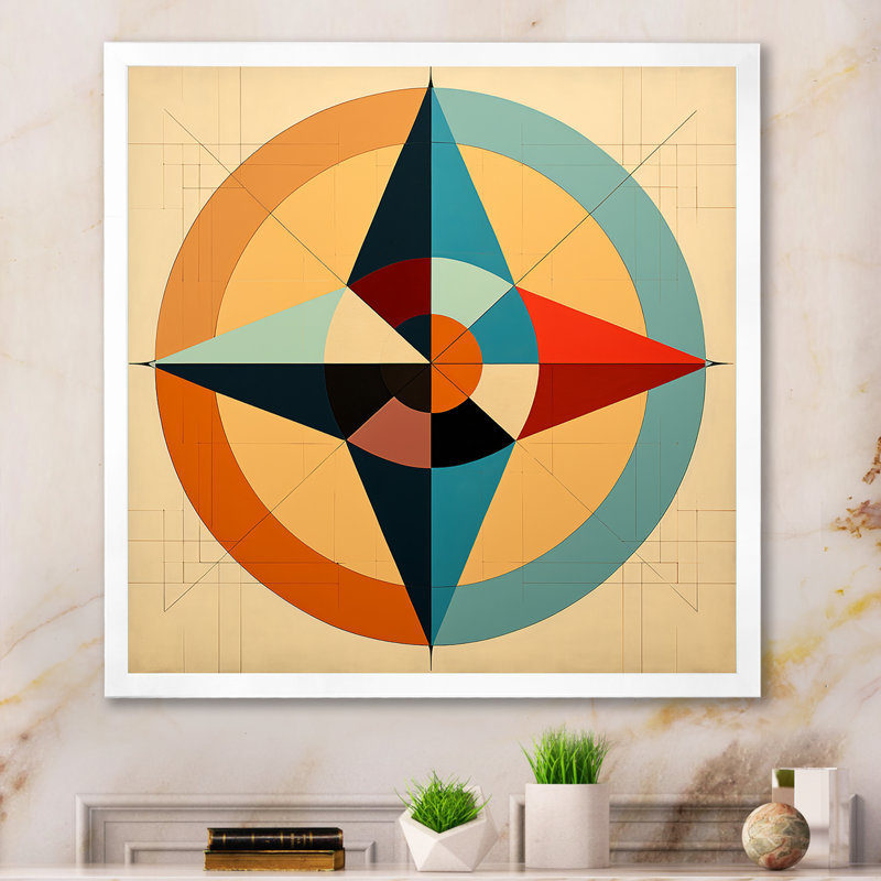 «Midcentury Compass», abstrait géométrique rétro sur toile, Cadre simple blanc, H 24 po x l 24 po x P 1 po