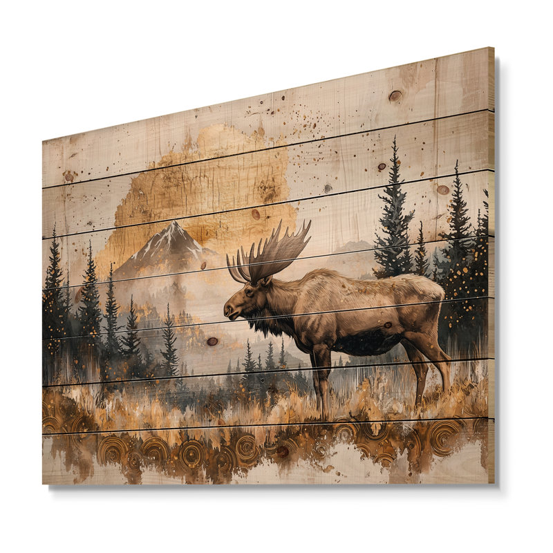 Orignal doré dans le paysage hivernal I - Décoration murale en bois d'orignal - sur bois de pin naturel