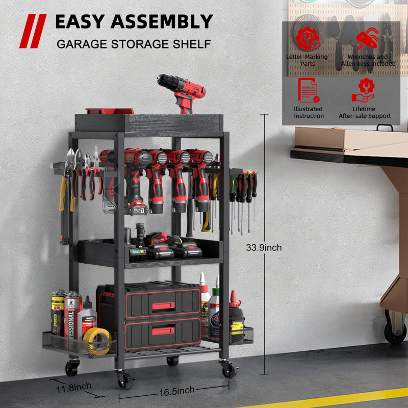 Garage Storage Shelving with Rolling Cart & Open Tool Chest Cabinet Box Organizer with Wheels, Black