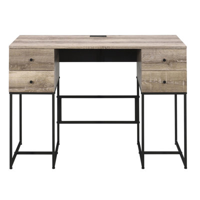 Rustic Oak & Black Writing Desk With 4 Large Drawers - Enabled For Convenience And Ample Storage