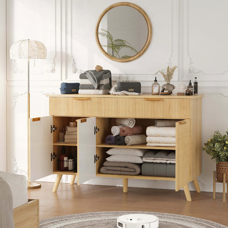 Kitchen Storage Cabinet with Drawers and Fluted Wave Pattern