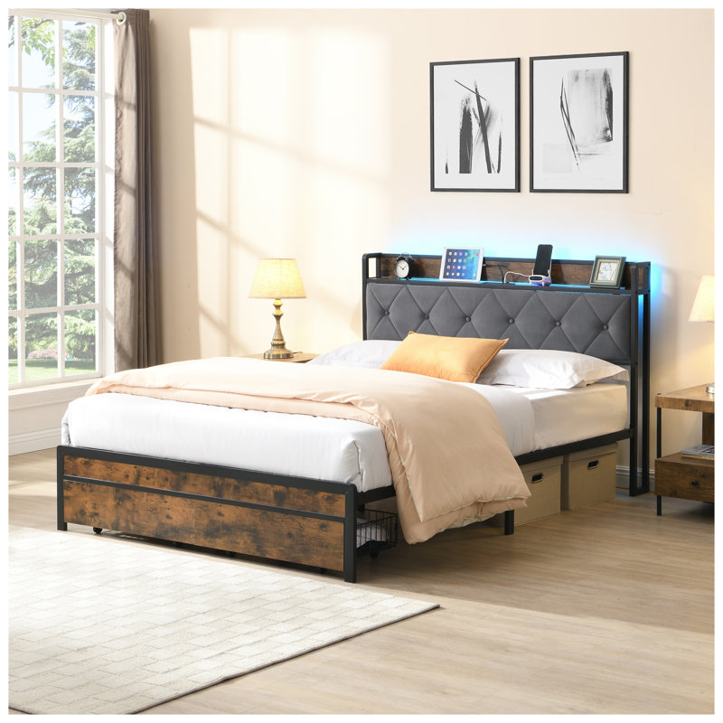 Base de lit avec rangement, tête de lit tapissier avec lumières à DEL et 2 tiroirs, USB et station de charge, aucun sommier nécessaire, assemblage facile