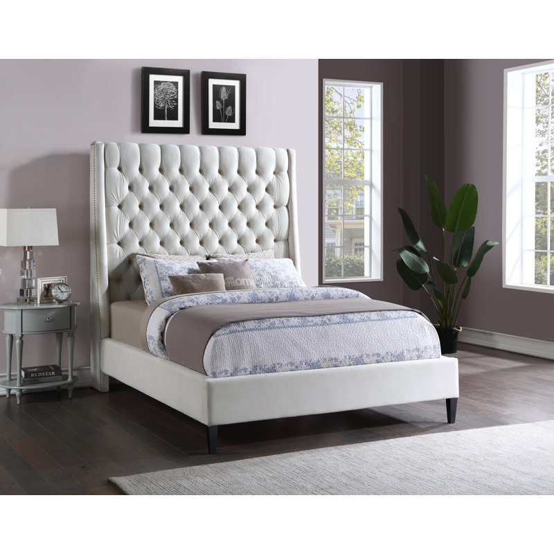 Dymph Upholstered Wingback Bed, Queen, Cream Velvet