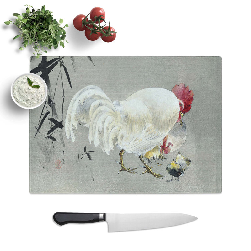 Tempered Glass Rooster and Hen with Chicks by Watanabe Seitei Chopping Board, 39 cm W x 28.5 cm L