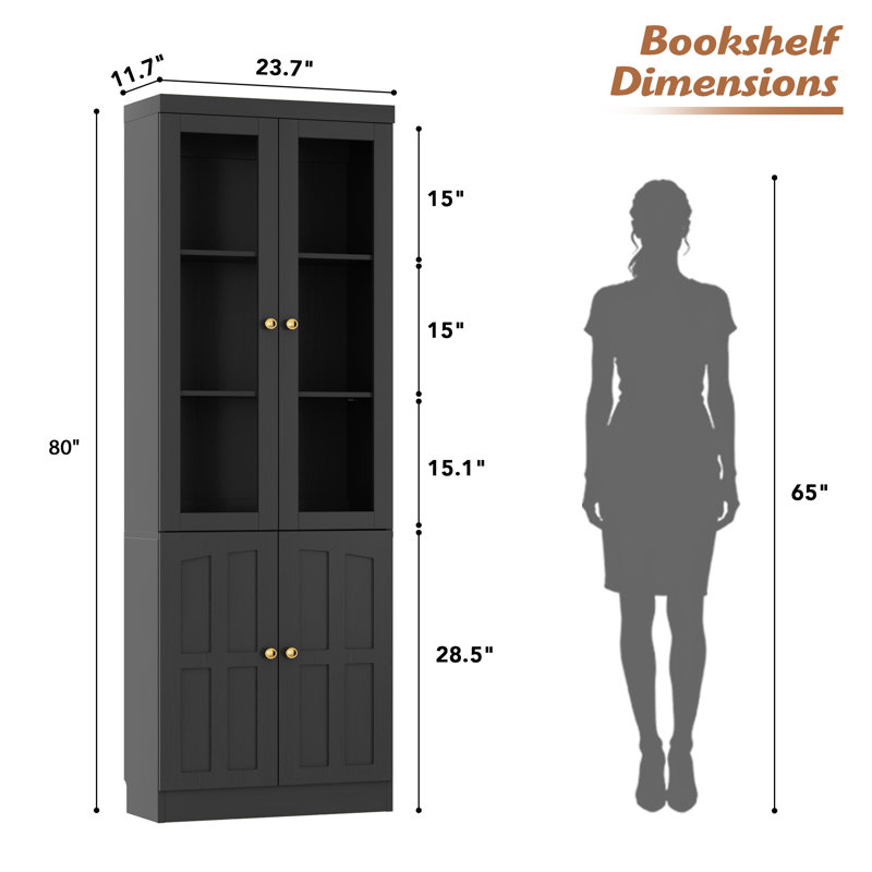 Modern Bookcase with Glass Doors and Thickened Top Panel, Brown