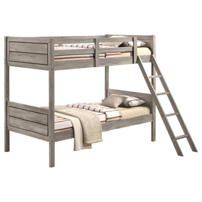 Clemens Weathered Taupe Wood Twin Over Twin Bunk Bed with Mattress