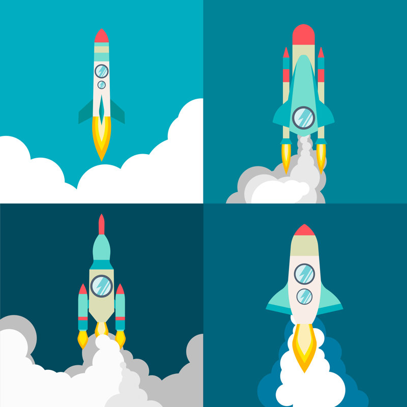 Four Poster Of Rocket Ship In A Flat Style. Space - Wrapped Canvas Print, 122cm H x 122cm W x 3.8cm D