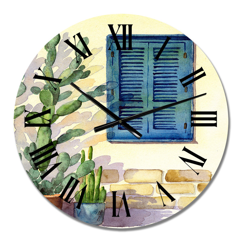 Façade de maison avec une fenêtre avec des volets turquoise - Horloge murale rétro, Petit