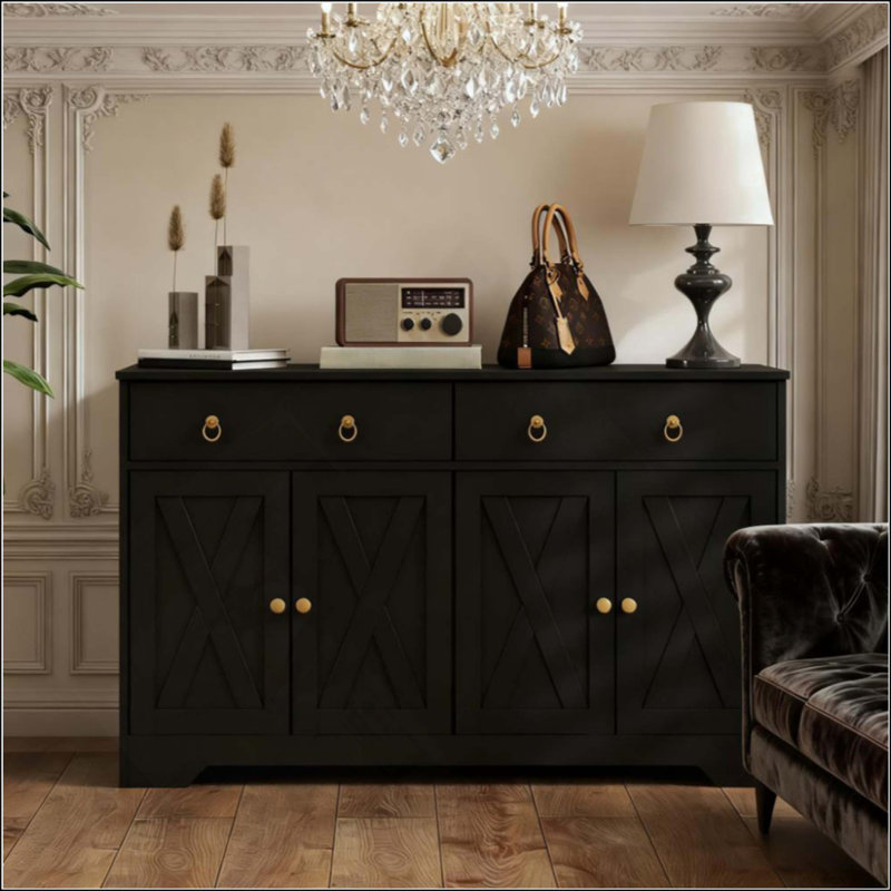 Kitchen Storage Sideboard With Barn Style Doors, Drawers Buffet Cabinet, Black