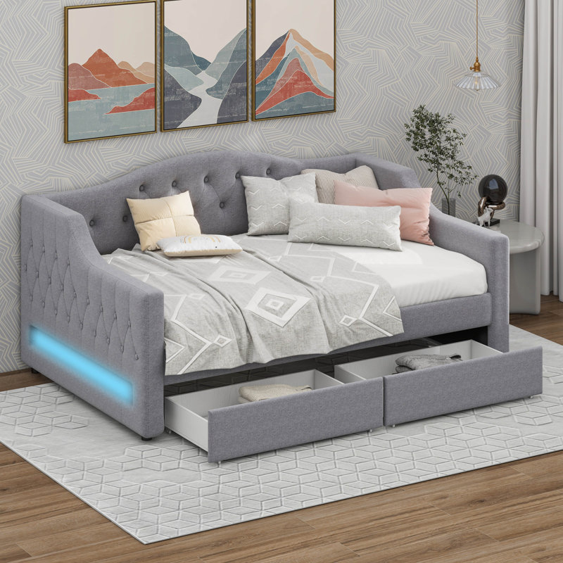 Upholstered Twin XL Daybed With Storage Drawers, Adjustable LED, Gray