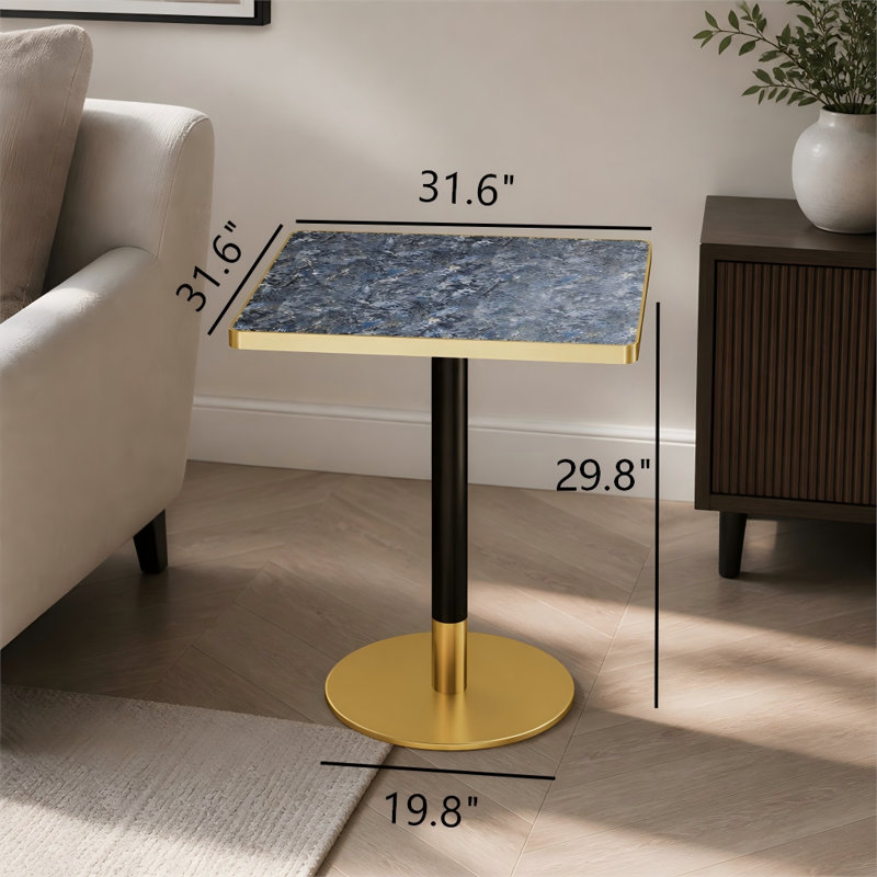 Table de salle à manger carrée moderne en tulipe de 80 cm, plateau en pierre frittée imitation marbre, piètement en acier inoxydable, résistant aux égratignures, à l'usure et à l'eau, pour intérieur et extérieur.