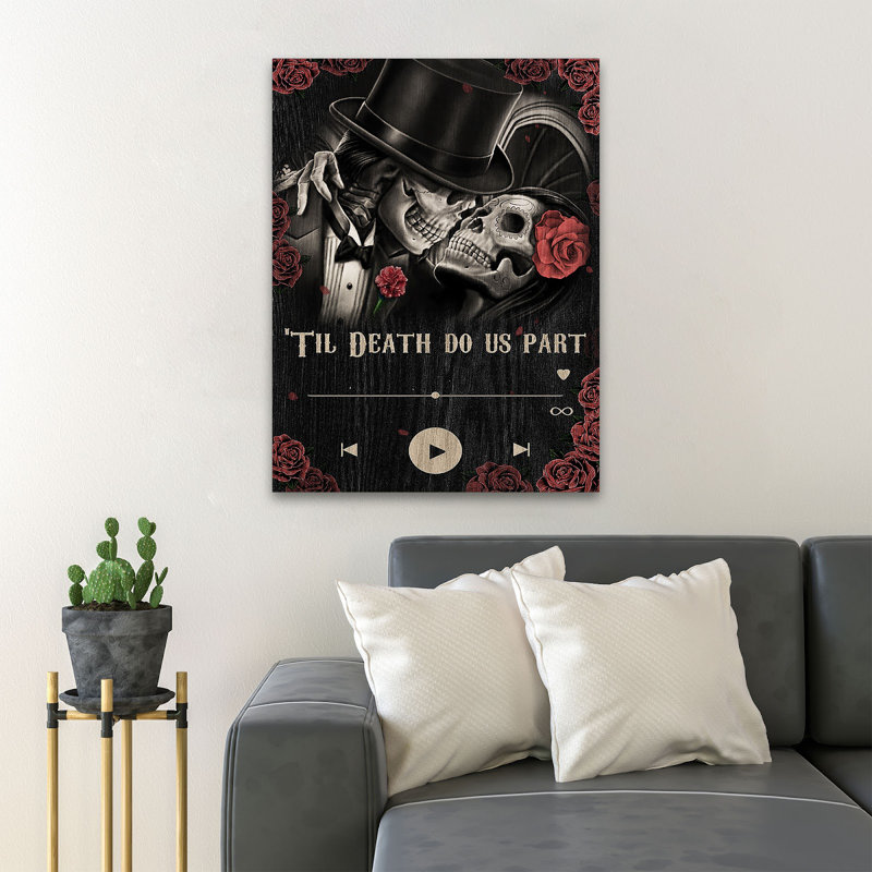 Couple de squelettes avec roses - Jusqu'à la mort - partie 1 - Reproduction d'art graphique rectangle sur toile tendue