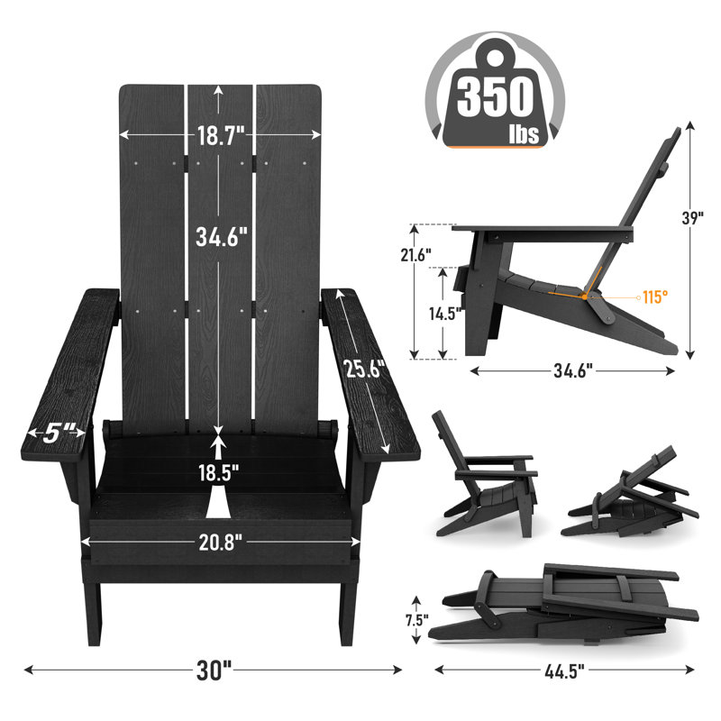 Allurine Foldable Outdoor Adirondack Chair, Black