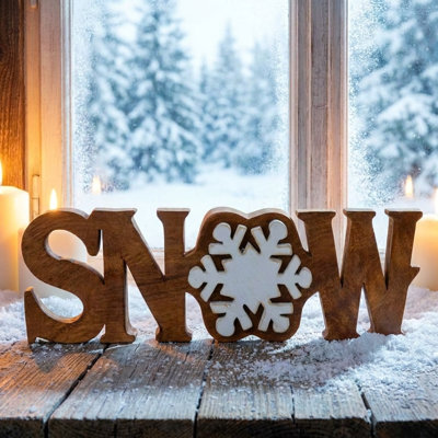 Sculpture enneigée à la main en bois avec flocon de neige moderne en bois d'acacia massif, décoration de Noël unique et cadeau
