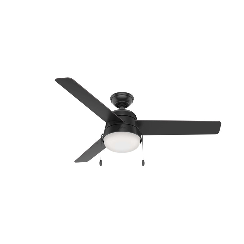 52" Aker 3 - Blade Indoor Standard Ceiling Fan with Pull Chain and Light Kit Included, Matte Black with Brown Blades