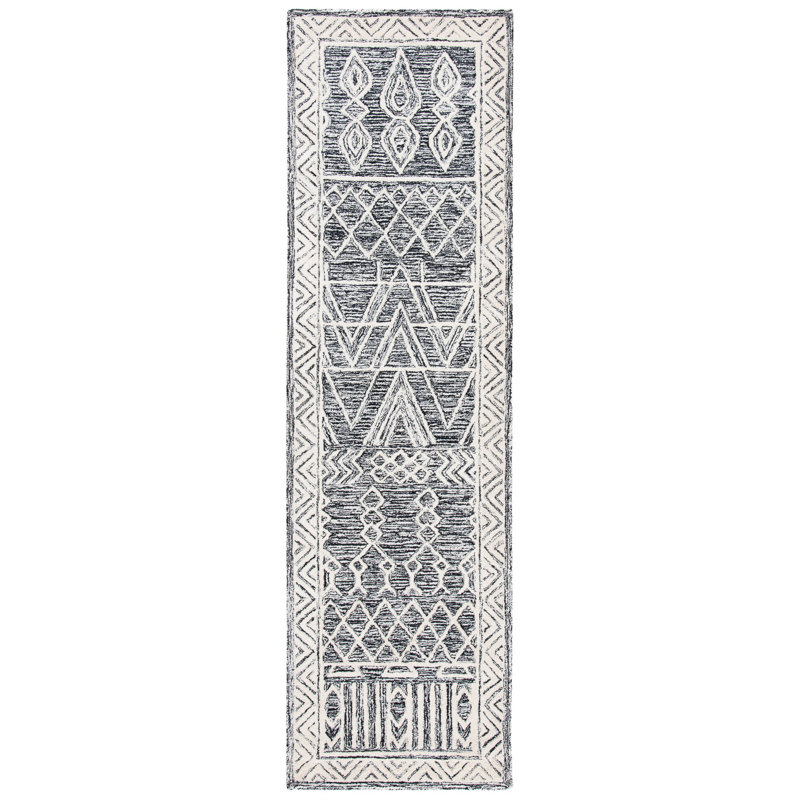 Tapis ivoire / noir en laine touffeté à la main Jacks Southwestern, Tapis de couloir 2 pi 3 po x 8 pi
