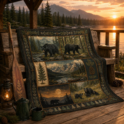 Couverture en flanelle patchwork d'ours noir avec pommes de pin, paysages de montagne, de lac et de forêt, jeté rustique à motif faune sauvage pour canapé, lit et fauteuil de lecture, 152 x 203 cm