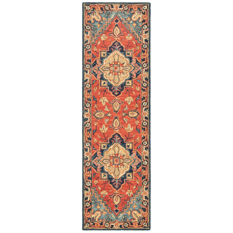 Bluffs Hand Loomed Wool/Cotton/Latex Oriental Rug in Red/Navy, Runner 2'3" x 8'
