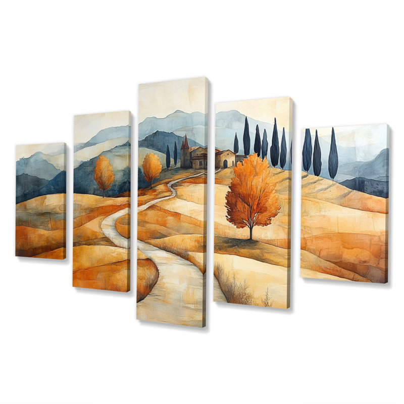 «Orange and Blue Farm Landscape Earthy Elegance», ensemble de reproductions d'art mural