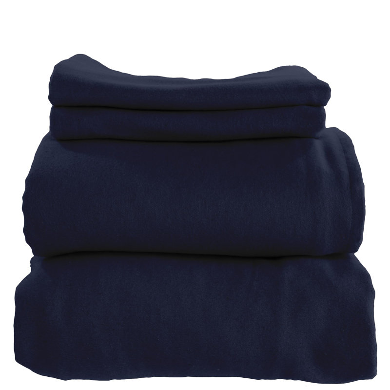 Ensemble de draps 100% flanelle Whisper Organics pour lit simple - Ensemble de draps 100% flanelle de coton certifié Gots avec une finition douce brossée confortable et une poche profonde - 1 drap plat, 1 housse ajustée et 1 taie d'oreiller (bleu marine, simple)