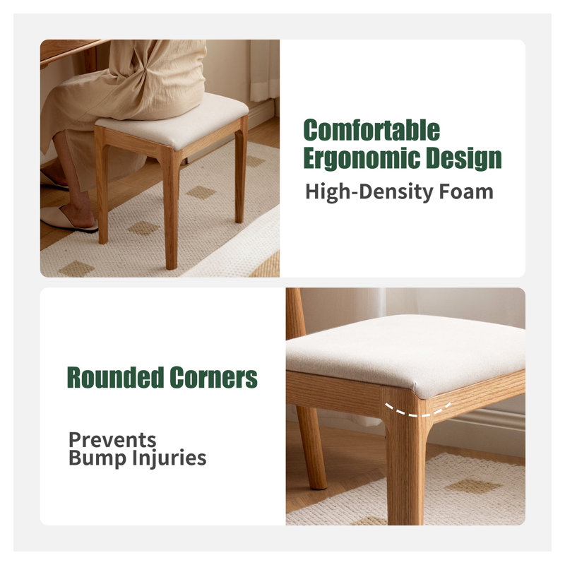 Tabouret de coiffeuse en bois massif - tabouret de chambre en chêne rouge avec siège rembourré blanc cassé, coiffeuse en bois naturel pour table de maquillage