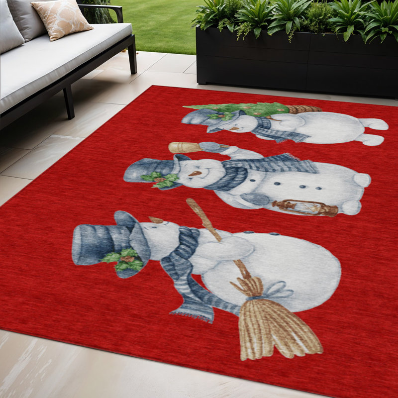 Tapis intérieur lavable bonhomme de neige bleu denim 5 pi x 8 pi rouge et ivoire