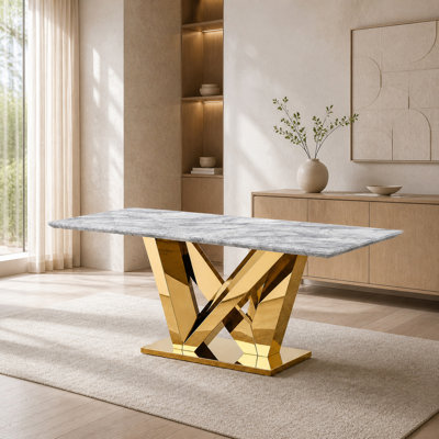  Table de salle à manger 70 pouces rectangulaire en faux marbre avec base en acier inoxydable à miroir