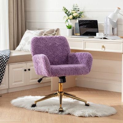 Chaise de bureau violette avec base en métal doré de 320 mm, laine d'alpaga artificielle, inclinable 40