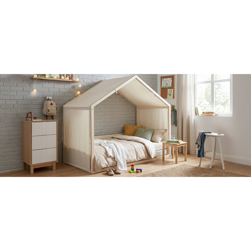 Twin Wood Canopy Bed with Canopy and Slats, Antique White