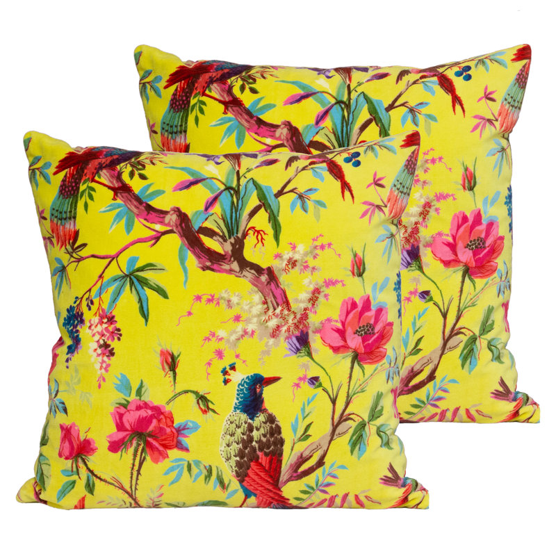  Floral Cotton Velvet Filled Cushion Twin Pack, Aqua, Polyester
