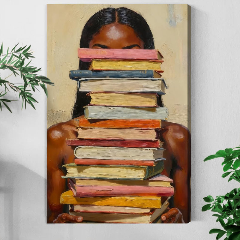 Tableau encadré sur toile (1 pièce), représentant une femme afro-américaine passionnée de lecture. Affiche colorée avec une pile de livres, idéale pour décorer salon, chambre à coucher, bureau, salle de bain, dortoir ou toute autre pièce. Prêt à accrocher.
