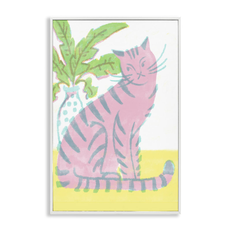 Estampe numérique moderne avec chat et plante rose, design par Hannah Moren, H 24 po x l 16 po