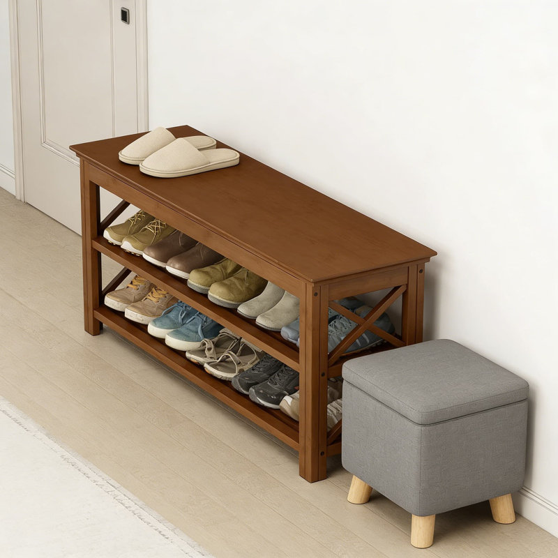 Banc de rangement à 3 niveaux pour chaussures en bambou avec rangement