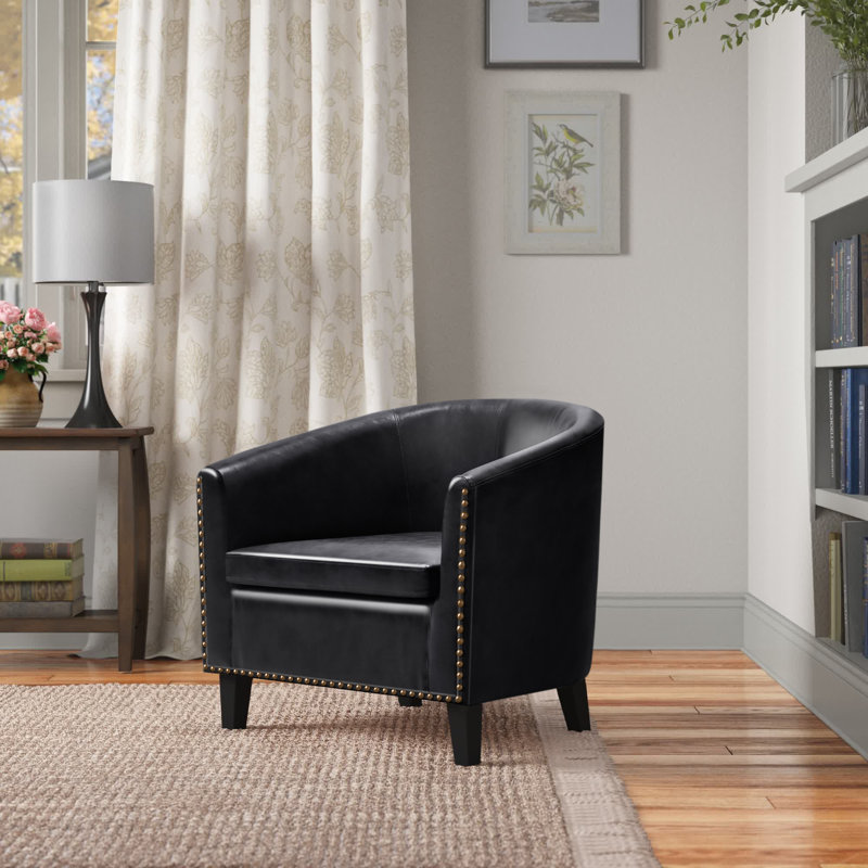 Cohmer 28.74" Wide Accent Barrel Chair, Modern Faux Leather Tub Club Chair Upholstered Armchair with Gold Nail Head Trim