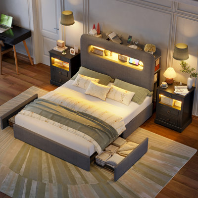 3-Piece Smart Illuminated Bedroom Set - LED Storage Bed and LED Dressers with Charging Station