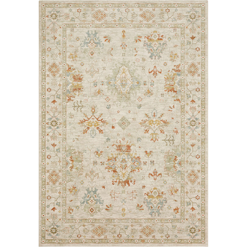 Cream and Beige Synthetic Rectangular Oriental Rug