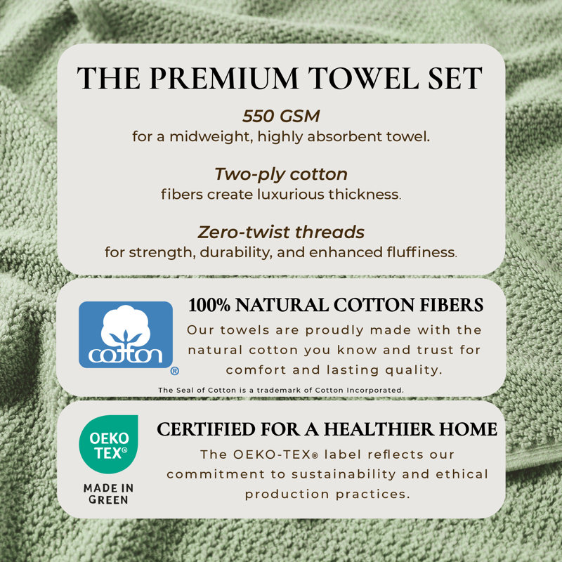 Serviette de bain 100% coton texturé, Ensemble 6 pièces, Eucalyptus