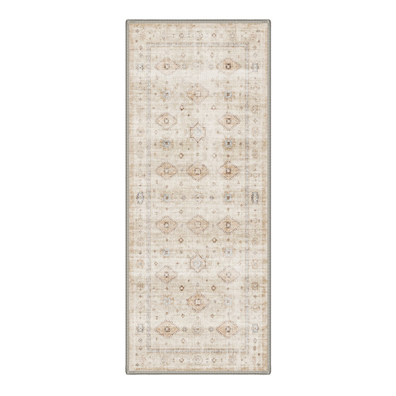 Tapis de couloir oriental traditionnel beige/brun à poils courts, lavable et antidérapant, Tapis de couloir 2 pi x 8 pi