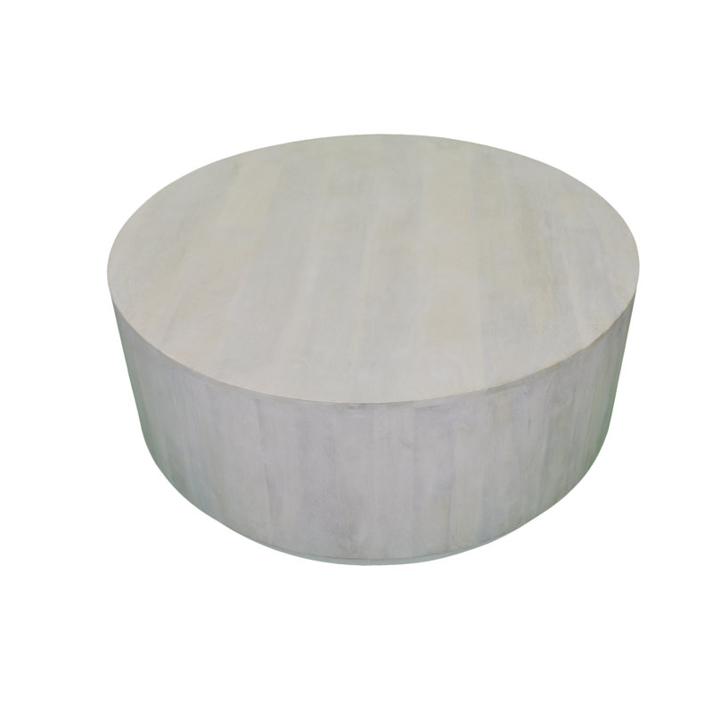 Rustic Gray 42" Round Coffee Table with Sculptural Cylindrical Design, White Wash
