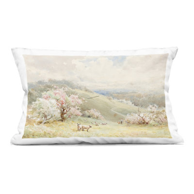 Lambs Strolling Pastel Countryside Decorative Printed Throw Pillow design by Lux + Me Designs