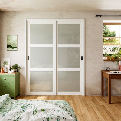 80"H Full Assembled 3-Lite Frosted Sliding Closet Doors In White With Hardware Kit & Handles
