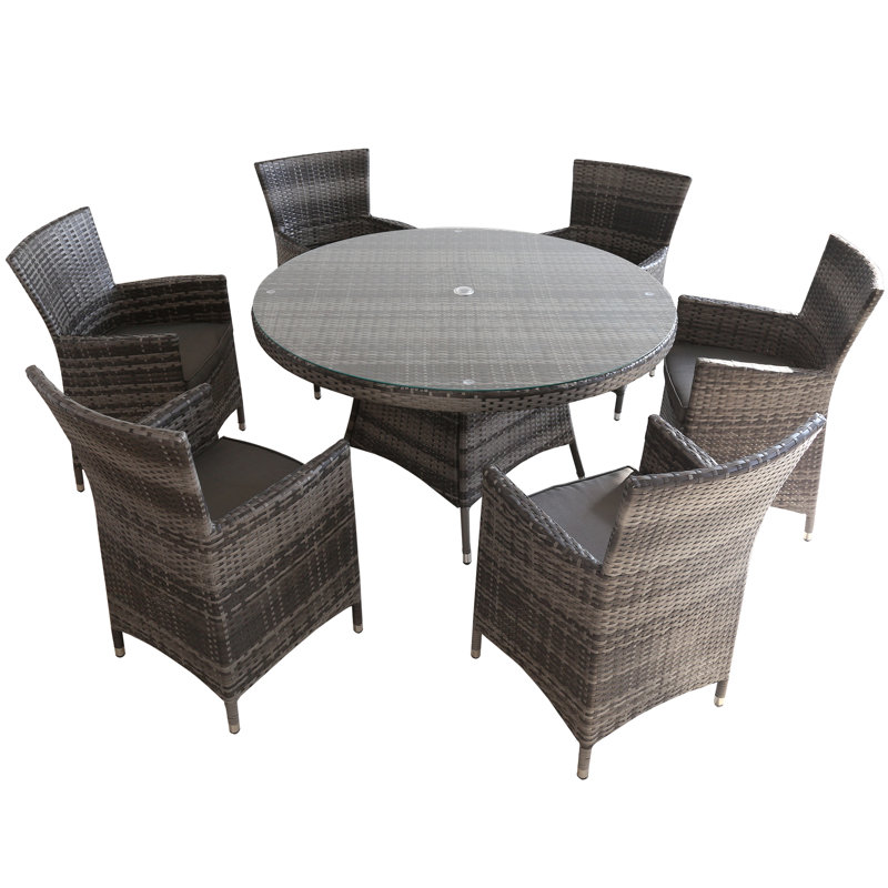 Valladolid 6 - Person Patio Dining Set with Round Table , Cushions Included, Grey, Grey