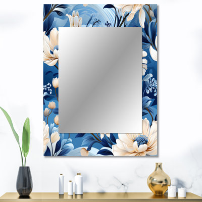Motif de pivoines bleues et blanches enchantées Chanko - miroir floral, miroir mural décoratif, art imprimé