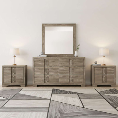 Ensemble de rangement pour chambre à coucher avec commode, miroir et 2 tables de chevet en bois naturel patiné