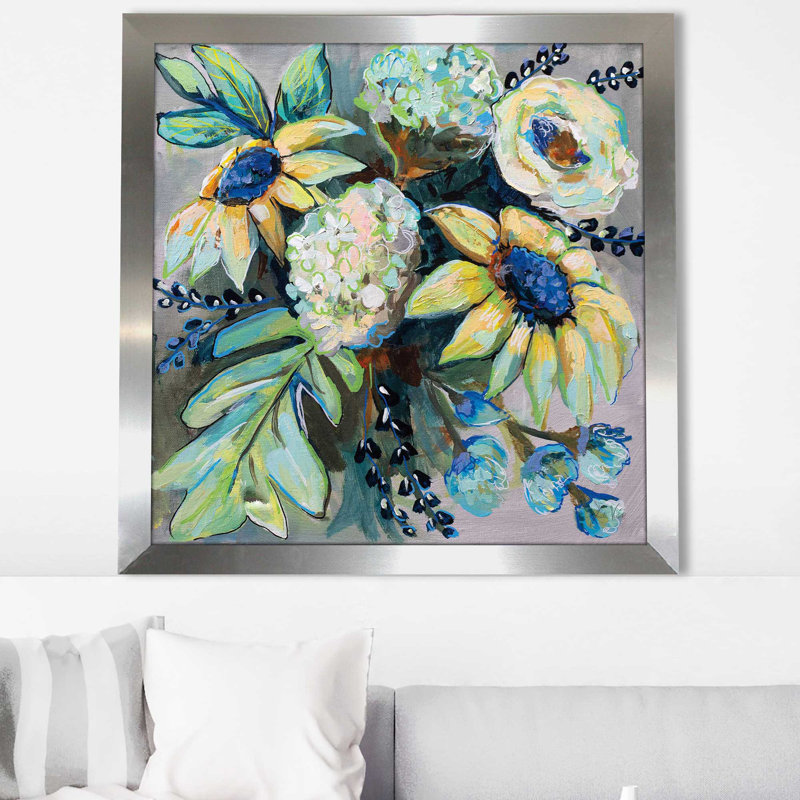 Sauge et tournesols II - Peinture, H 25,5 po x l 25,5 po x P 1 po, Encadrement argenté
