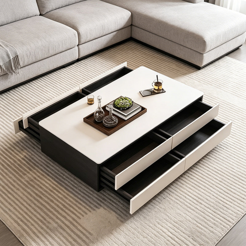 Table basse moderne avec rangement sur pied, White/Black, 15.74" H x 47.24" W x 23.62" D