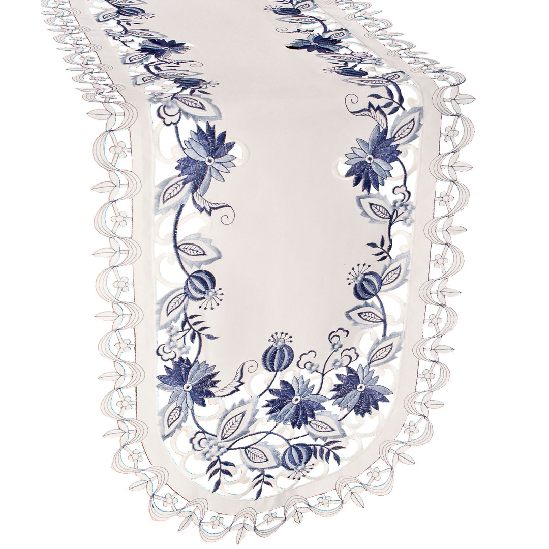 Sherika Delft Blue Onion Flower on Ivory Table Runner Ophelia & Co.