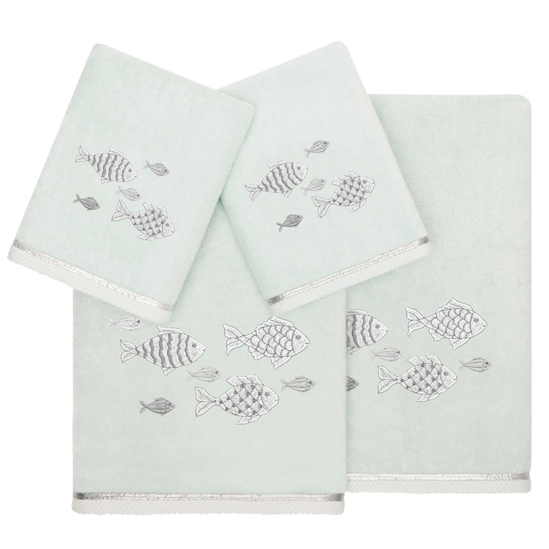 FIGI 4PC Embellished Towel Set 4 Piece Turkish Cotton Towel Set, Aqua