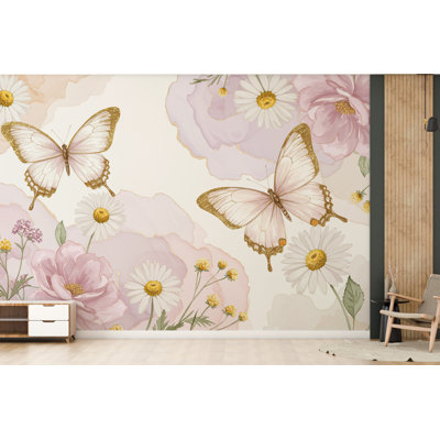 Papier peint papillon et fleur - pivoines rosées, décorations dorées, aquarelle élégante pour chambre d'enfant (non tissé) 
