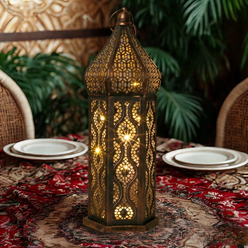 Moroccan Style Temple Hollow Iron Lantern, Vintage Ramadan Lamp Home Decoration Lights Ornaments,Hanging Metal Battery Operated for Table Indoor Decor